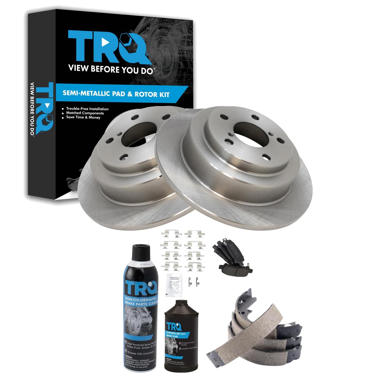 TRQ Rear Brake Pad &amp; Rotor Kit, with Chemical Kit Parking Brake Shoe Set Semi-Metallic Compatible with 1998-2003 Subaru Forester 1999-2003 Impreza