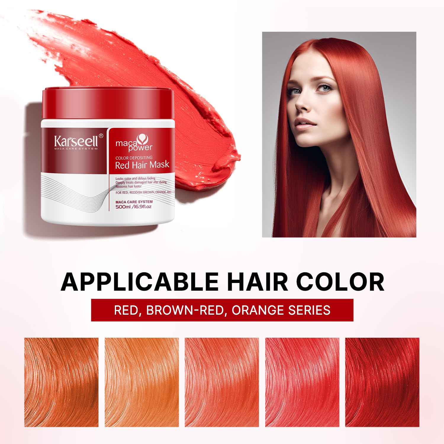 Karseell Mascarilla Pelo Rojo 500ml, Red Mascarilla Capilar Acondicionador Restaurar y Mejorar los Tonos Rojo para el Cabello Tratado con Color