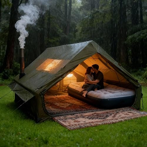 Miniatura 1 de Inflatable Cotton Canvas Tent, 12 Waterproof & Windproof Family Shelter for 410 Campers, All-Season Outdoor Tent with Skylight and Stove Jack