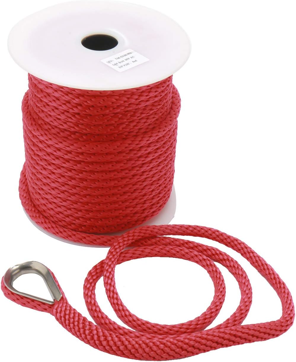 NovelBee 3/8 Inch 100Feet Premium Solid Braid MFP Anchor Line Anchor Rope with Stainless Steel Thimble (Red)