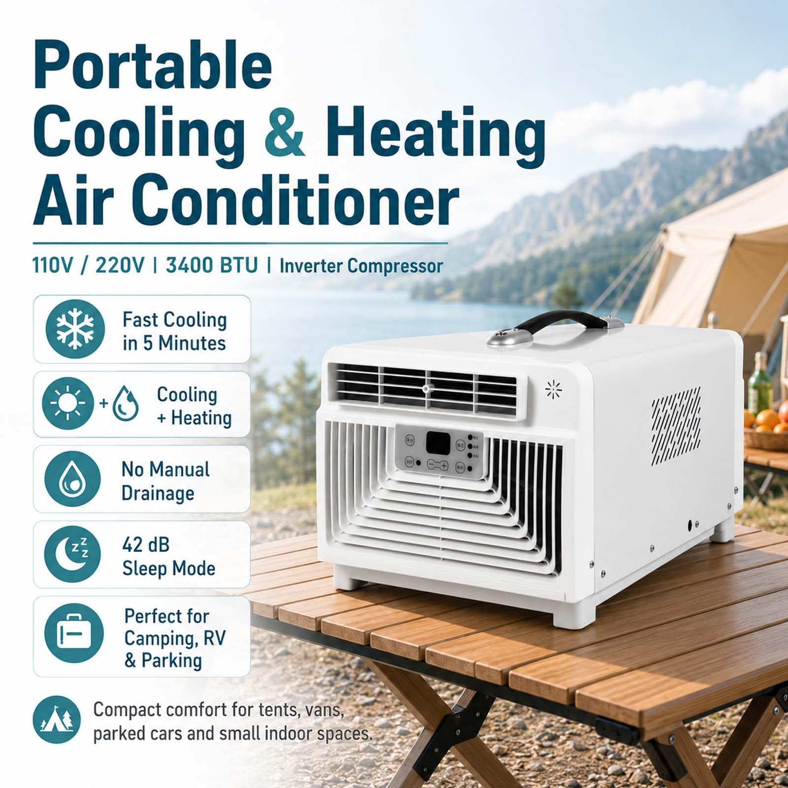 Condizionatore Portatile Inverter da 3400 Btu con Raffreddamento (15-32°C) per Tende, Camper e Camion (1-6 M²), Timer 12 Ore 220V