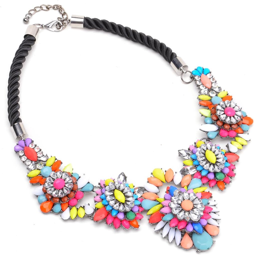Fashion Colorized Resin Crystal Black Rope Choker Cluster Bib Statement Necklace