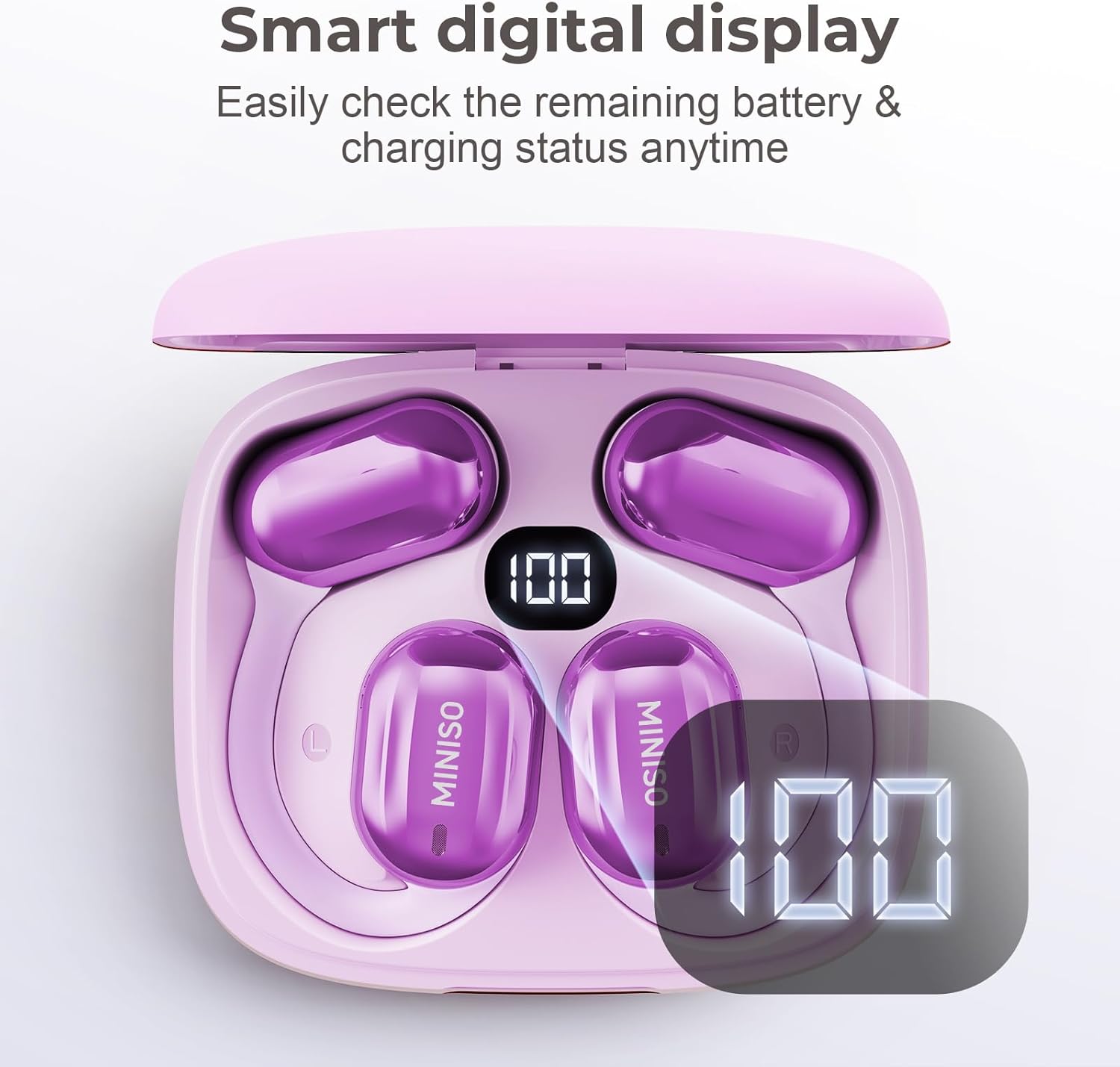 Charging case with digital battery display showing '100'.