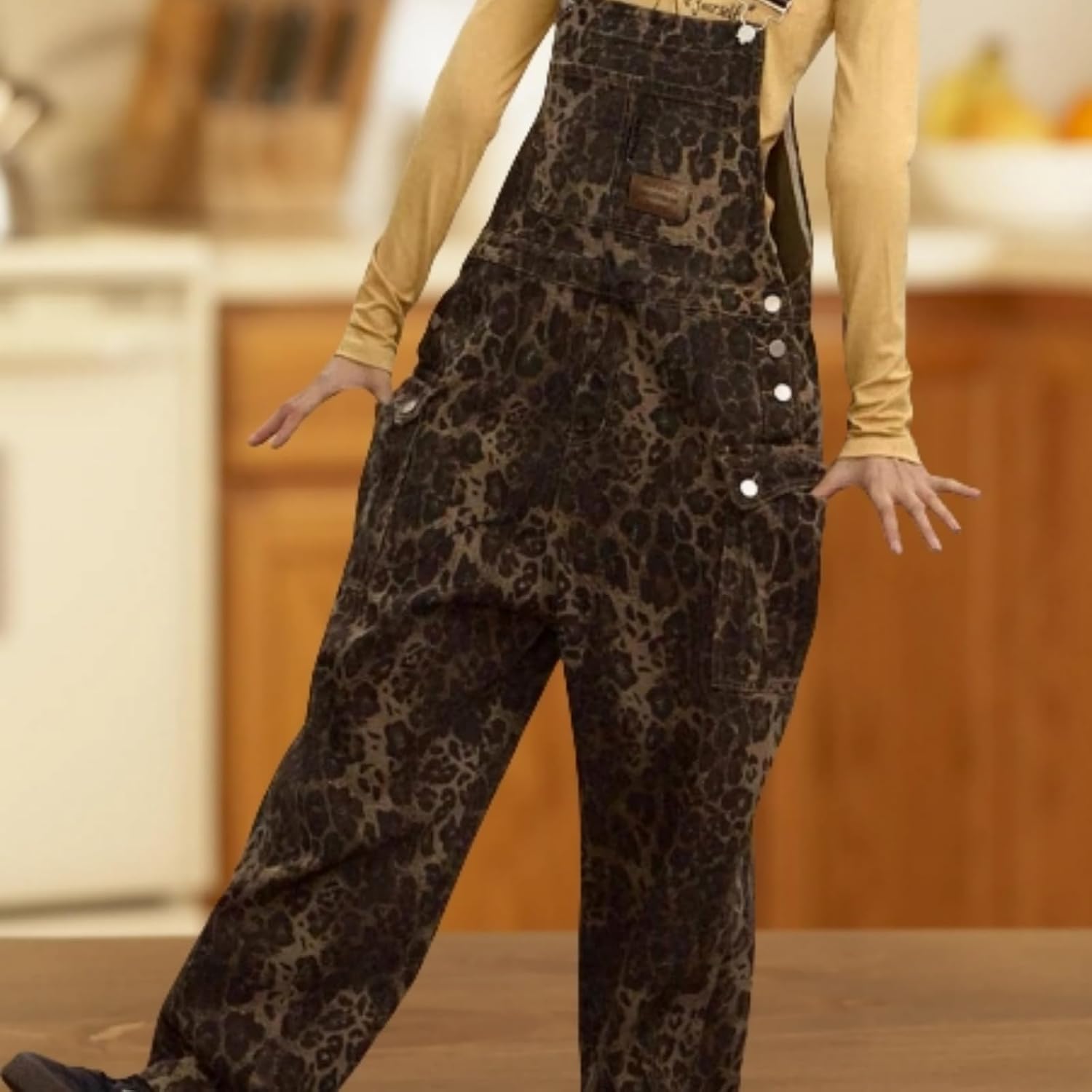 Leopard Print Overalls for Women Straight Wide Leg Denim Jumpsuit Adjustable Straps Bib Retro Hip Hop Loose Trouser