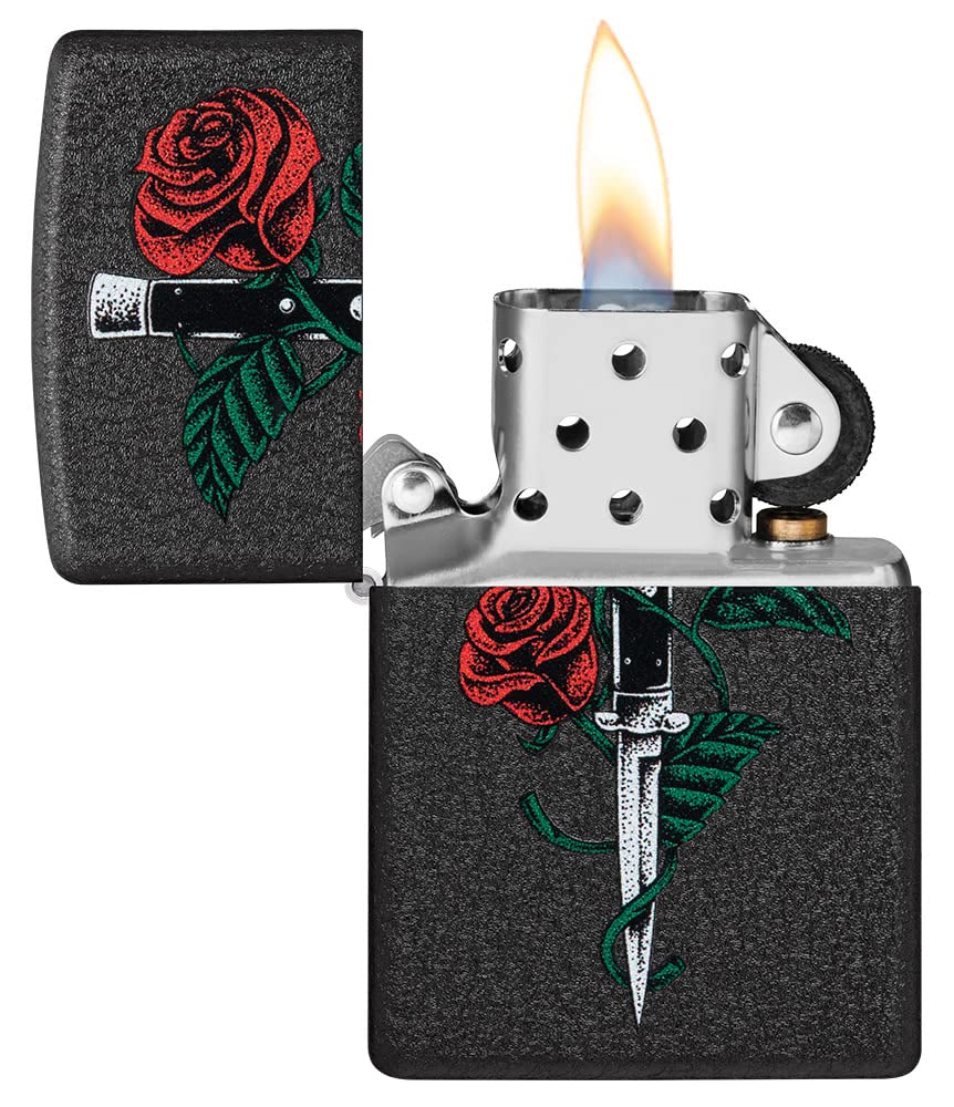Zippo Briquet Tempête - Modèle Rose Dagger - Finition Noir Craquelé, Color Image - Rechargeable - Réutilisable - Design Coupe-Vent - Coffret Cadeau - Fabriqué aux États-Unis
