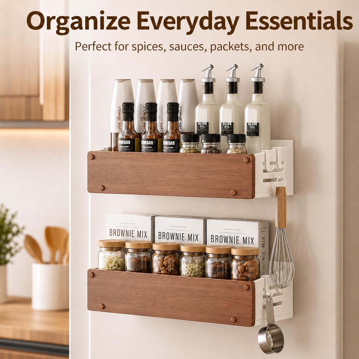 Magnetic Spice Rack for Refrigerator, 2 Pack Magnetic Fridge Organizer Shelf with Walnut-Look Front Panel, No Drill Metal Storage Basket with Side Hooks for Kitchen Spices, White (White)