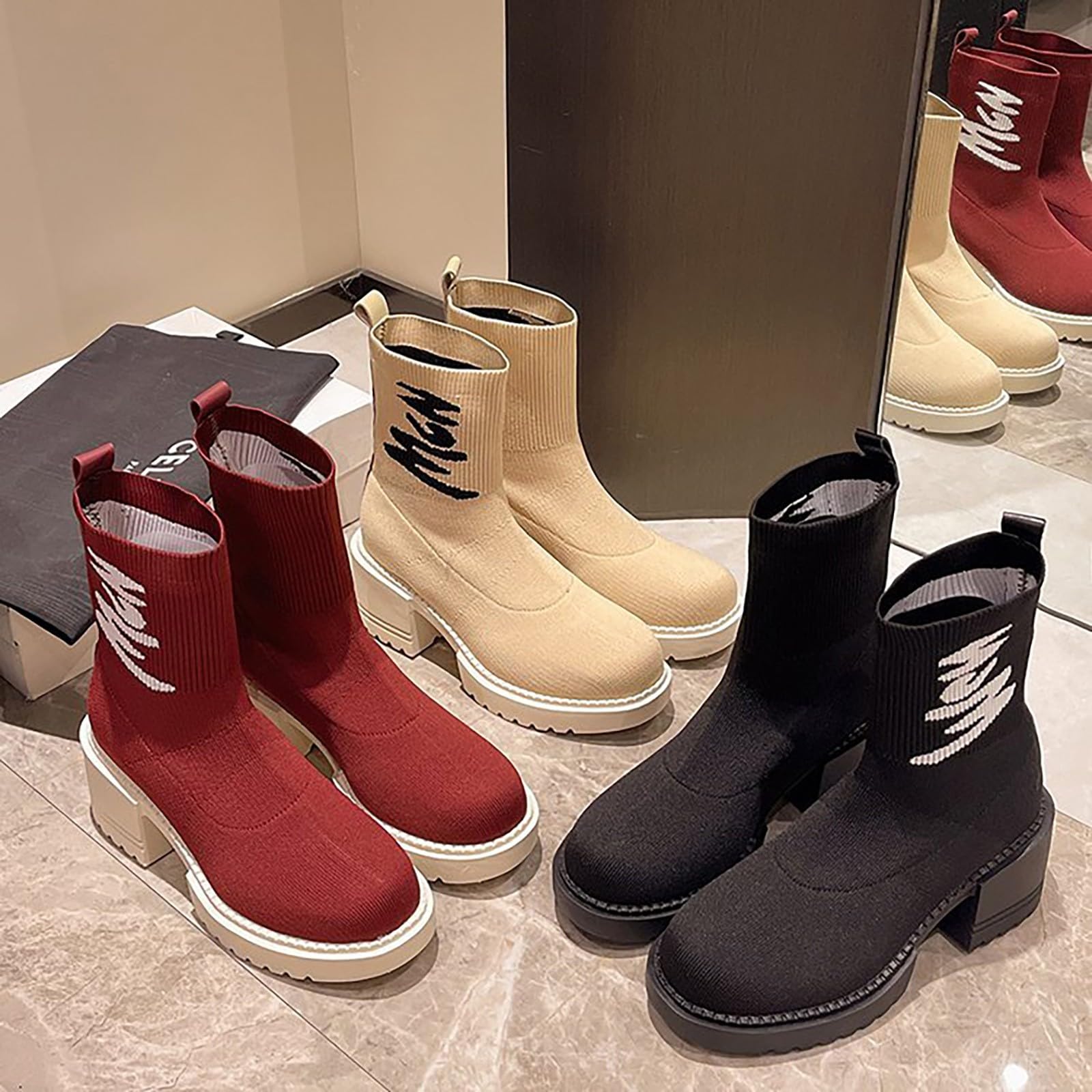 Stivali da donna con punta tonda eleganti con tacco | Stivali da equitazione Chelsea a media altezza, antiscivolo, in similpelle (beige, nero, rosso)