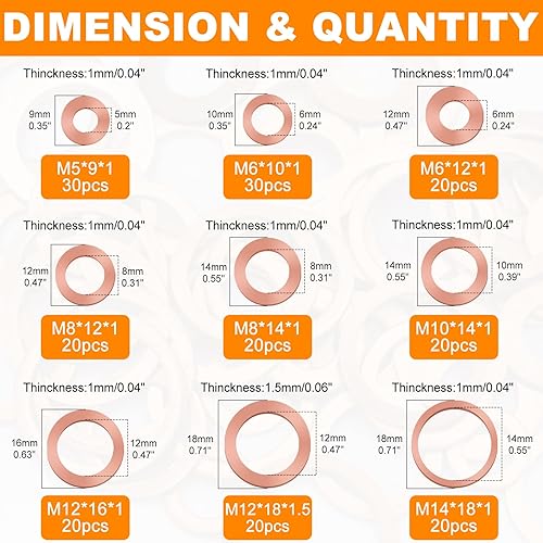 Miniatura 2 de Juego surtido de 200 arandelas de sellado métrico de cobre de 9 tamaños, arandelas de sellado plano M5 M6 M8 M10 M12 M14, anillo plano, junta de
