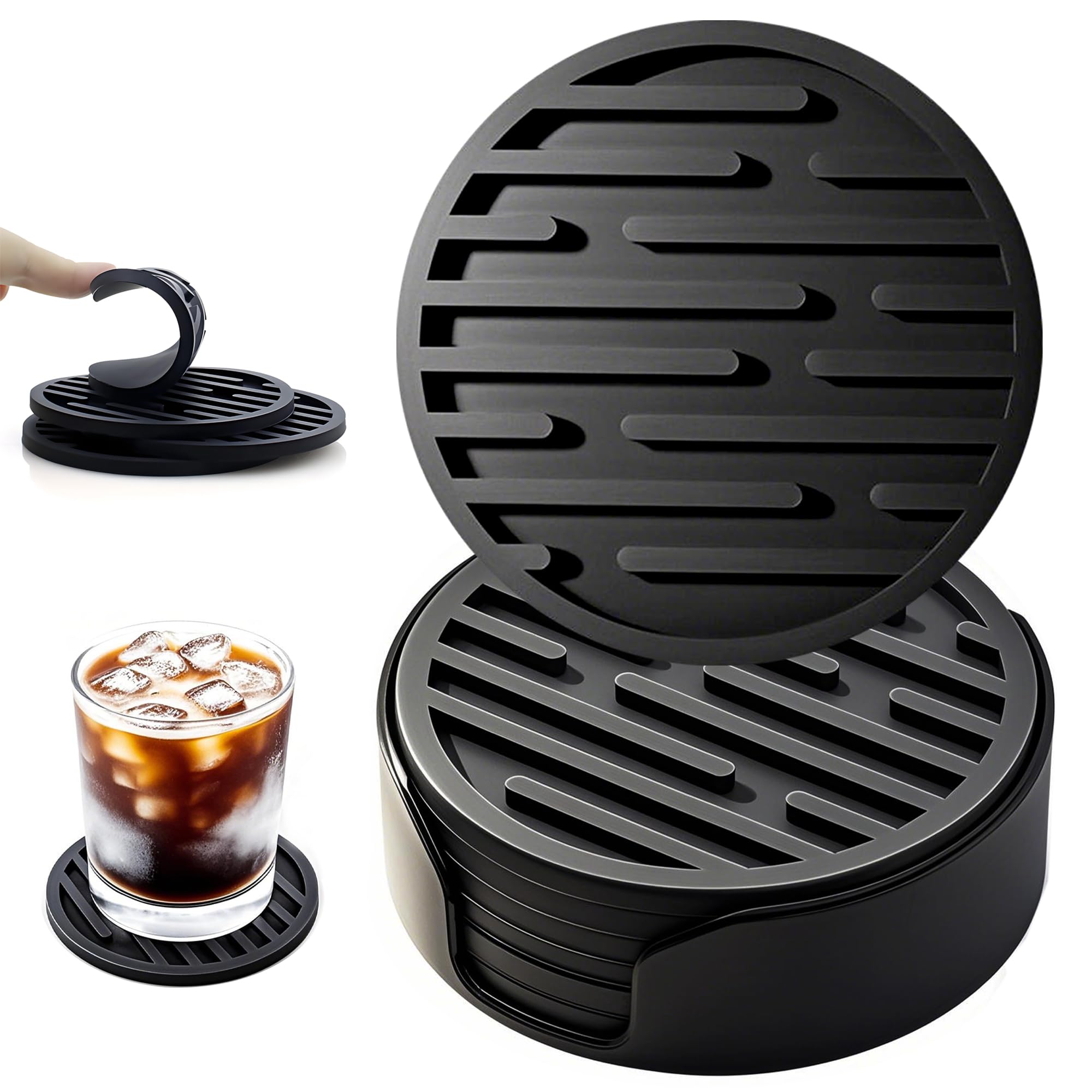 Posavasos Juego, Redondo Antideslizante Portavasos con Soporte, Silicone Coasters para Taza, Mesa, café, Bar, Bebidas, Drinking Coasters Cup Mat, 6 Piezas, Negro