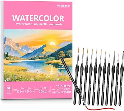 9"X12" Watercolor Paper 300gsm Cold Press & 12PC Multi-Size Triangular-Handle Miniature Detail Brushes Set,Premium Art Supplies for Watercolor, Acrylic, Gouache, Fine Detailing & Painting