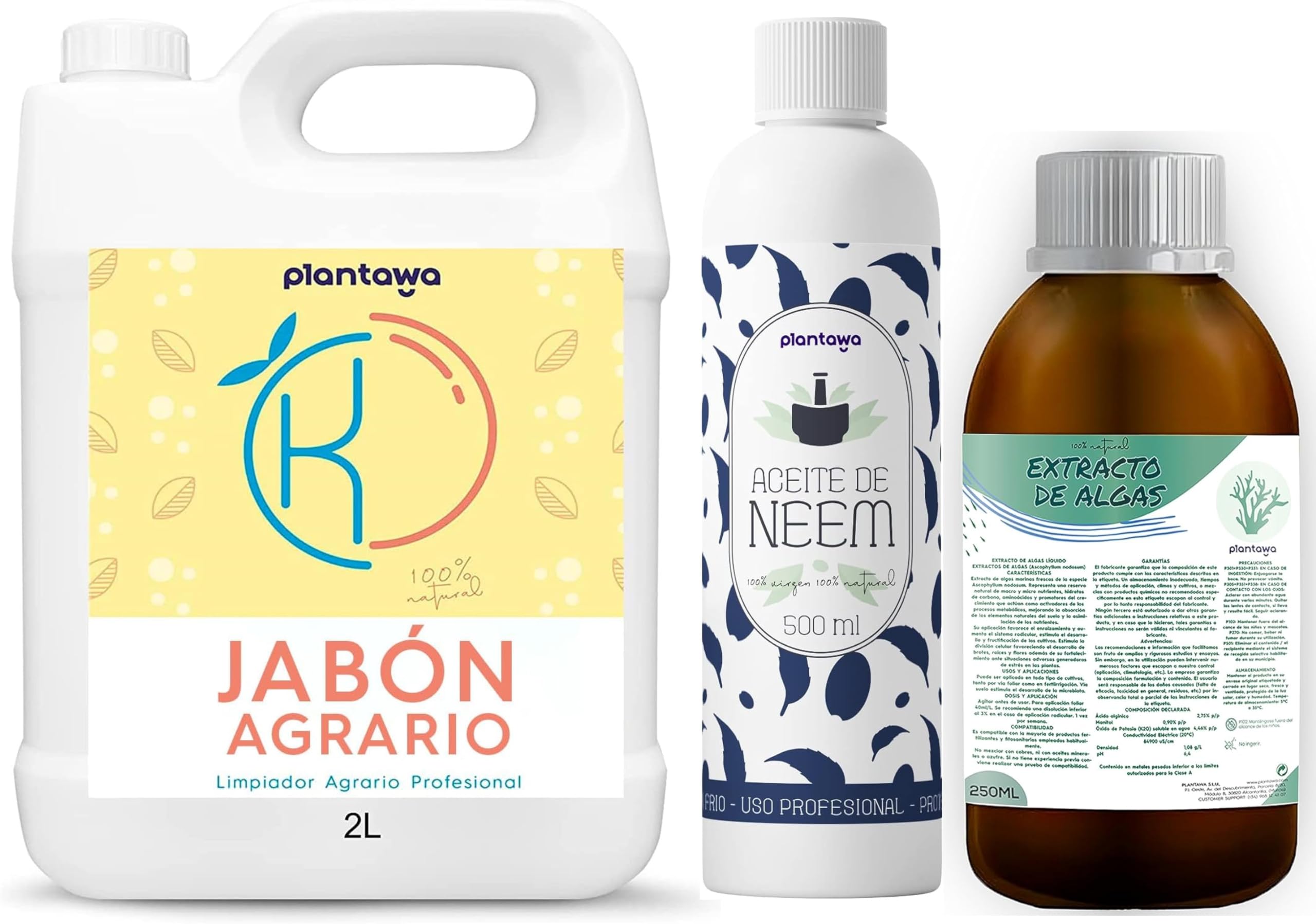 Pack d'économie de savon de potassium 2 L + huile de Neem 500 ml + algues marines 250 ml 100 % naturel protection verger, durable, booster de croissance, mouche blanche, araignée rouge, puceron,