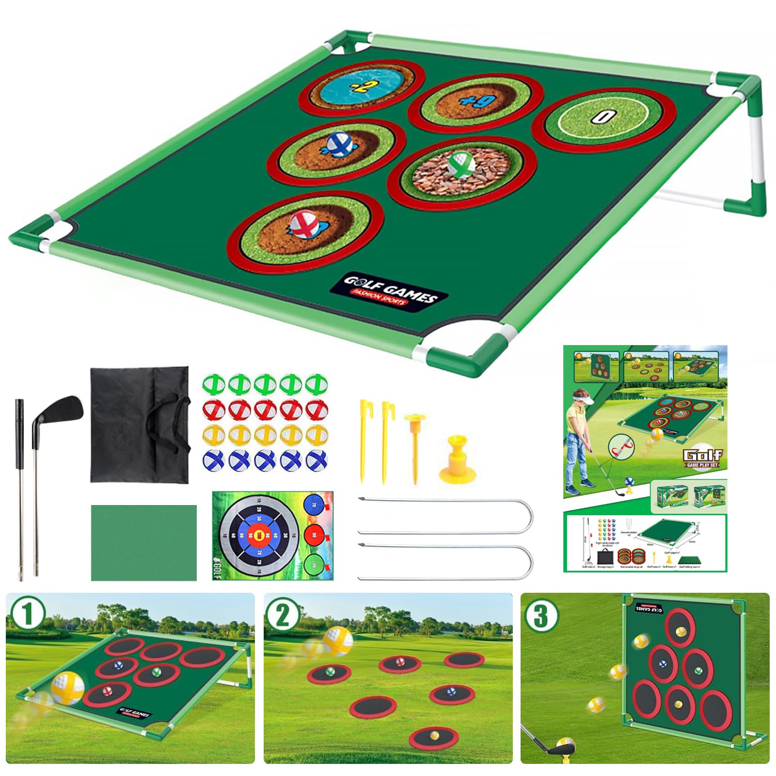 Golf Spielset für Zuhause mit Puttmatte, Klebebällen & Tragetasche – Cornhole-Spiel für Garten, Jugendliche & Erwachsene