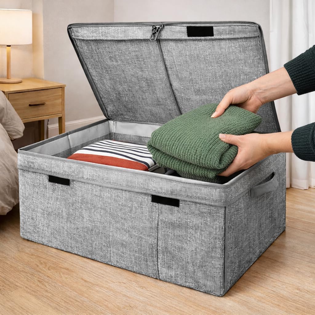Large Foldable Storage Box with Lid – Fabric Clothes Organizer Bin with Handles, Collapsible Closet & Underbed Storage Container, Gray (2)
