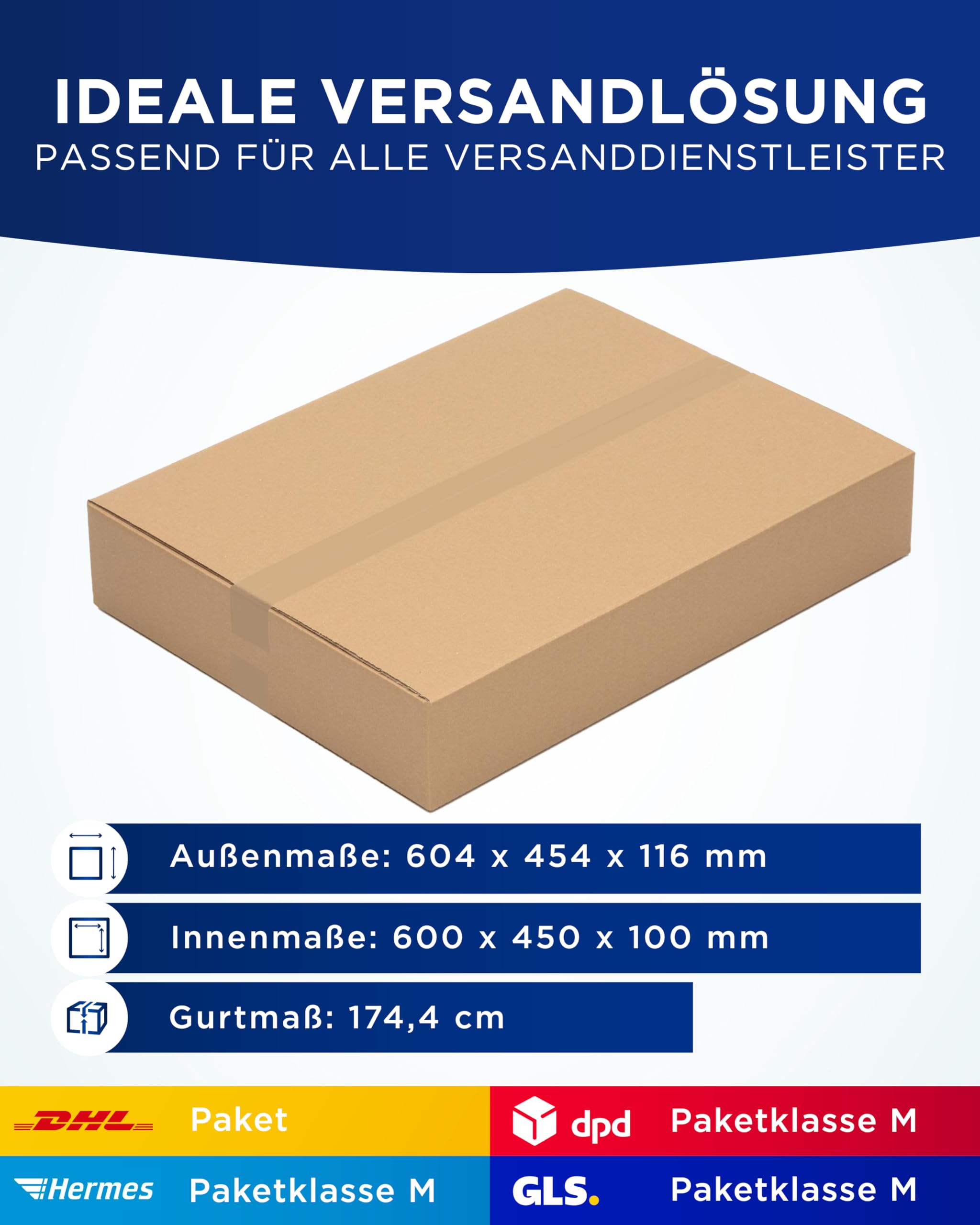 KK Verpackungen Versandkartons 600 x 450 x 100 mm Braun 1-wellig (Außenmaß 604 x 454 x 116 mm) | 25 Stück, Faltkartons Kartons geeignet für Versand als DHL Paket DPD Hermes GLS Paketklasse M (KK55)