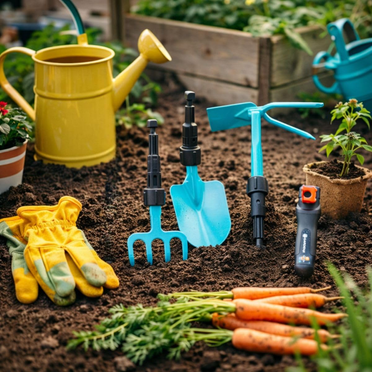 Happy People 16866 Gardena Gartentasche Set mit Gartenwerkzeug für Kinder Gartenspielzeug Outdoor Pflanzen Schaufel Harke Rechen