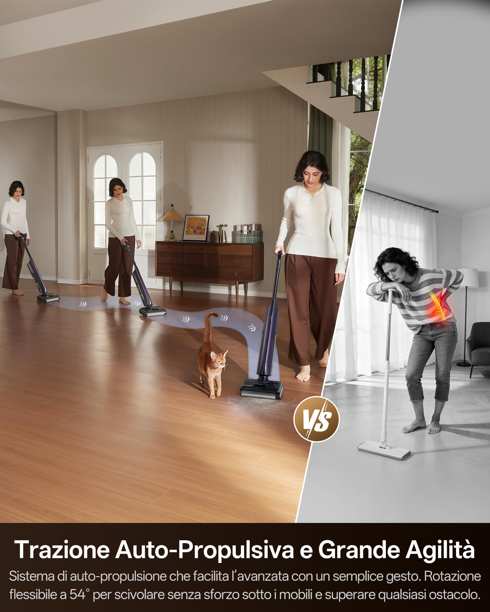 Ultenic AC1 Triflex Aspirapolvere Lavapavimenti, Design Piatto a 180°, 0 mm Pulizia Bordi, Lavapavimenti Senza Fili 3-in-1, Auto-Pulizia, Autonomia 55 min, Anti-Groviglio, Assistente Vocale 5 Lingue