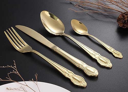 Miniatura 5 de Juego de cubiertos dorados para 16 cubiertos de acero inoxidable de alta calidad, 64 piezas estilo palacio, utensilios de vajilla incluye cuchillos