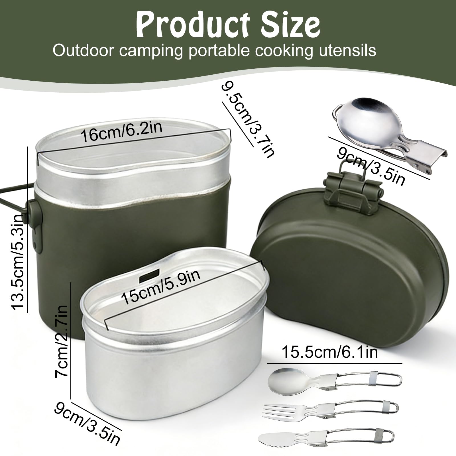Bundeswehr - Set di stoviglie da campeggio, 1,8 l, resistenti al calore, in alluminio, con coltello pieghevole, forchetta e cucchiaio, per escursioni e campeggio