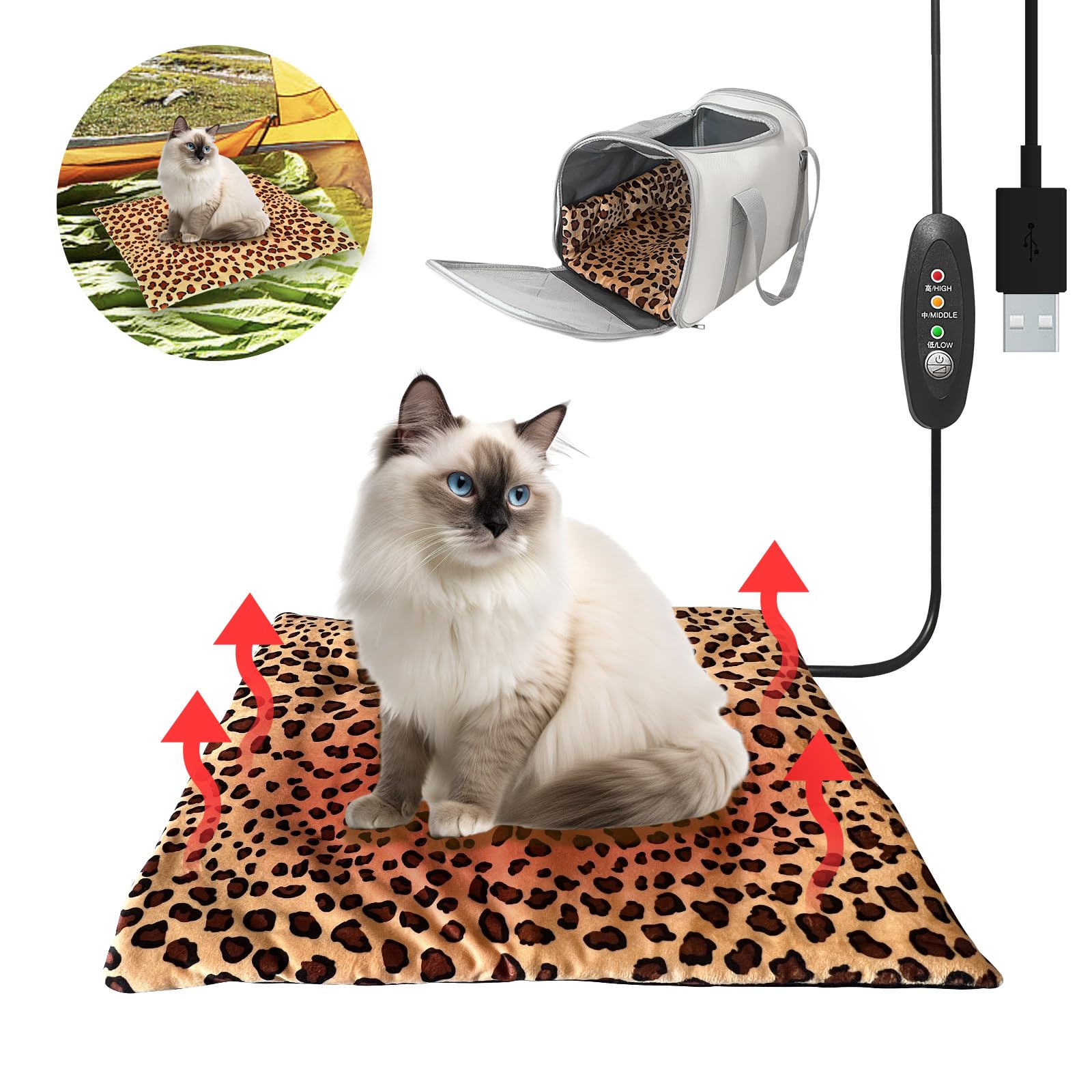 Coussin chauffant portable pour chats, chiots et petits animaux de compagnie, 3 réglages de température, lavable, tension 5 V, idéal pour l'intérieur et l'extérieur, 38,1 x 48,3 x 1,5 cm