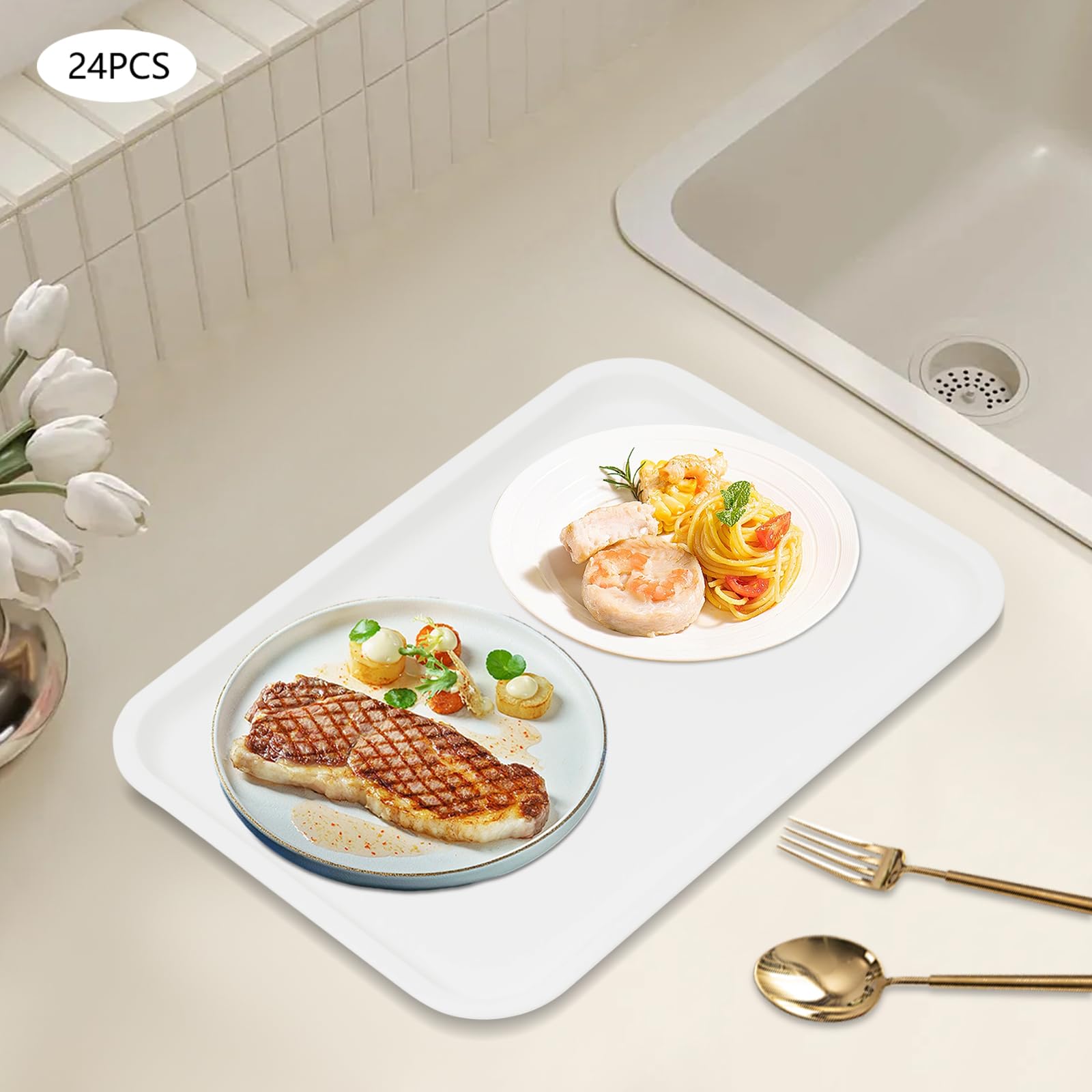 Set di 24 vassoi per fast food – vassoi da portata per ristoranti, caffetteria, adatti al microonde, superficie antiscivolo, ideali per mense, cucine, hotel, ristoranti (bianco)