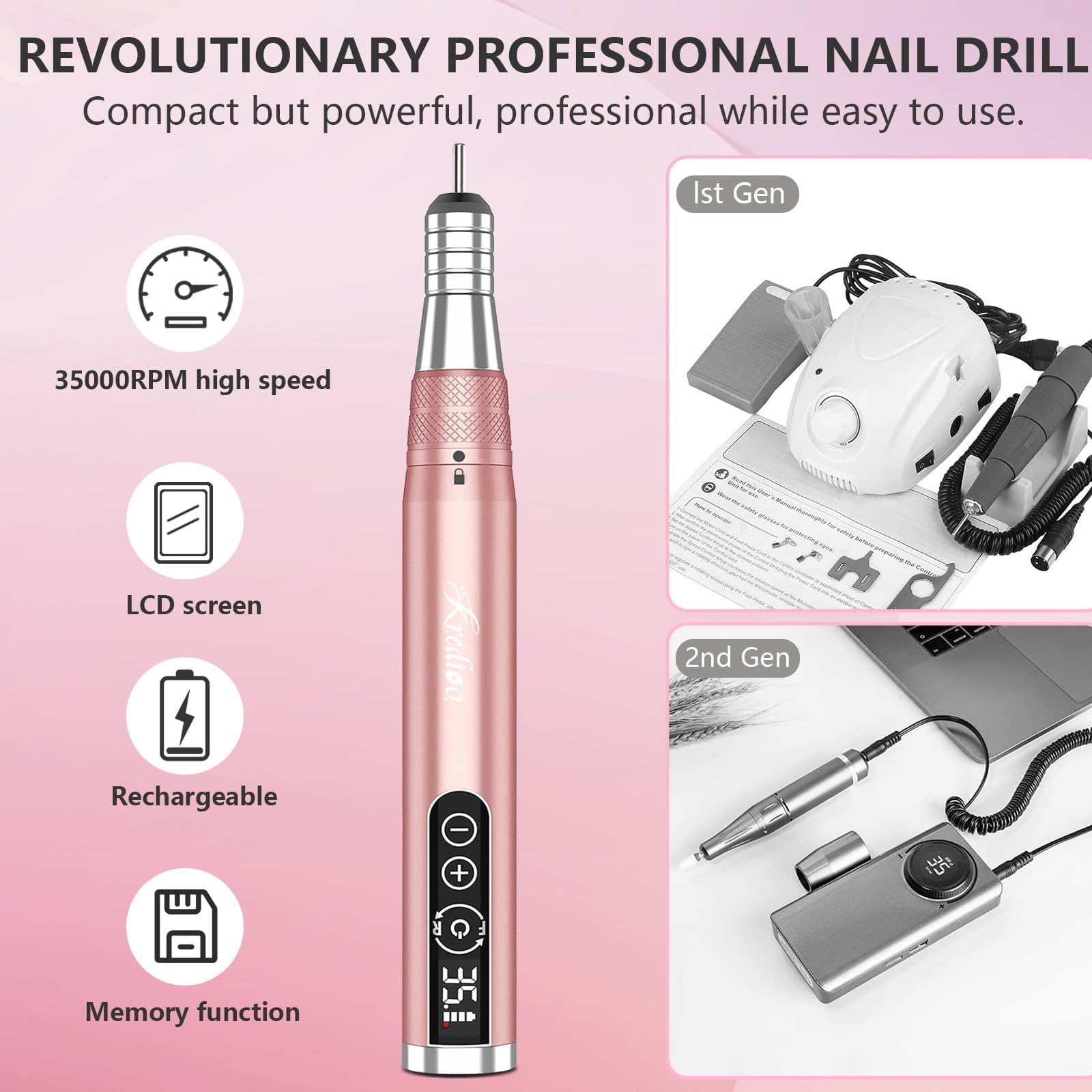 Kredioo Torno para Uñas Profesional, Inalámbrico Recargable 35000 RPM | Velocidad Ajustable, Recargable Lima Electrica Uñas, Lápiz Manicura y Pedicura, Pulidor Portatil, Kit con 6 Brocas