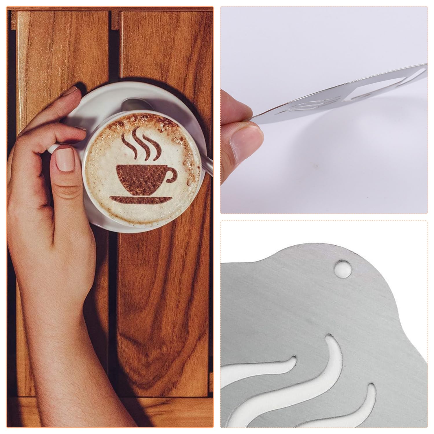 7 Pochoirs Café Acier Inoxydable Barista - Latte Art Cappuccino Gâteaux Biscuits Motifs Variés