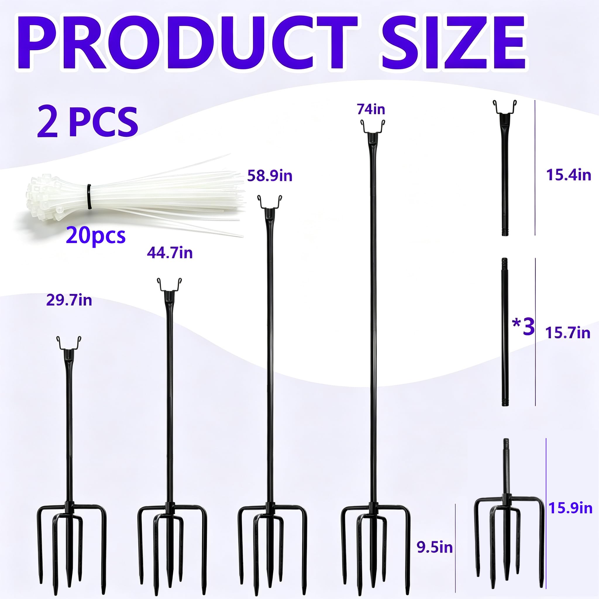 Lot de 2 piquets en métal robuste de 198 cm pour filet de jardin 5 dents
