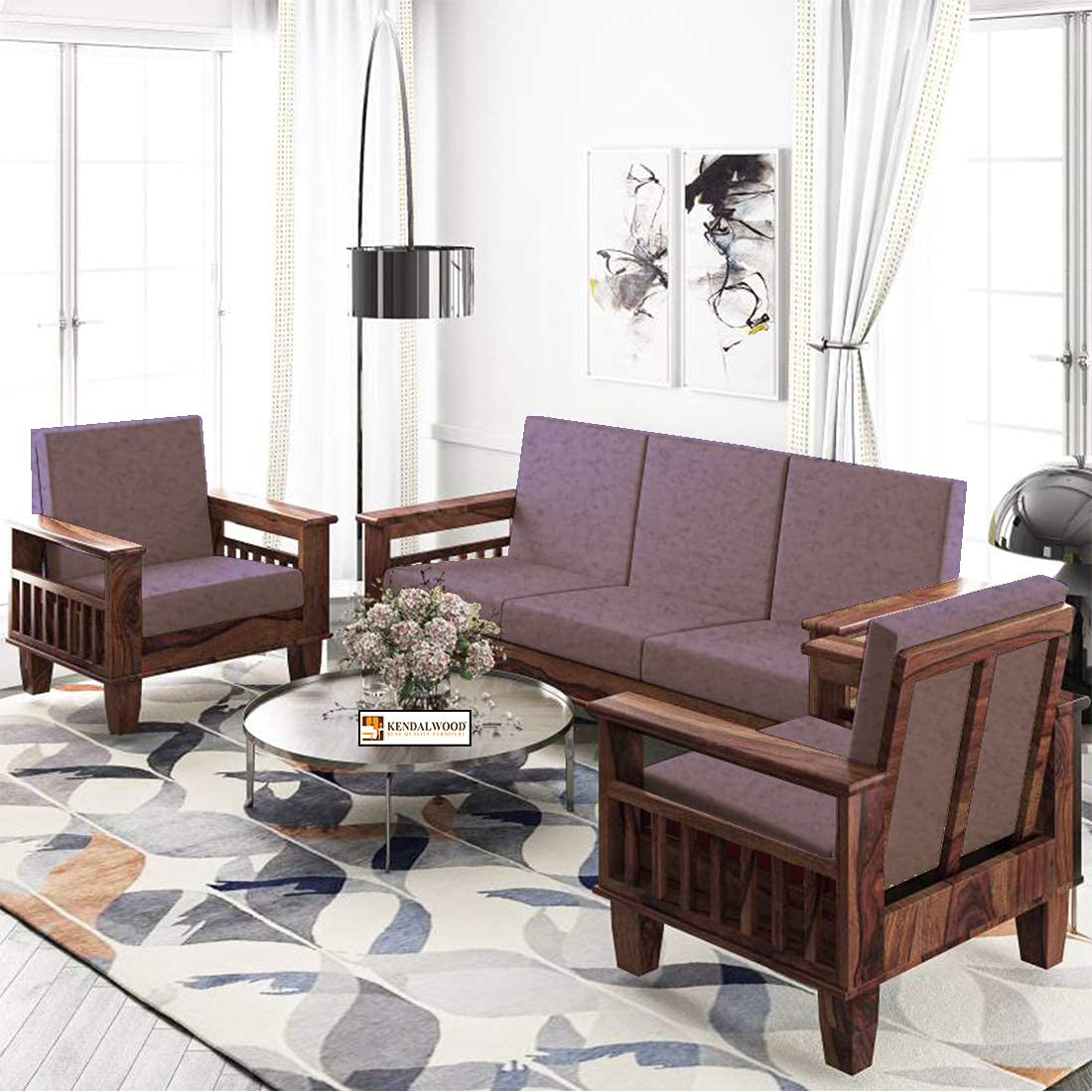 KENDALWOOD™ Furniture Solid Sheesham Wood Sofa Set | 5 Seater Wooden Sofa Set | 3+1+1 Sofa | Sofa Set (Finish Color:- Natural Brown Finish with Grey Cushion) - DIY(Do-It-Yourself)