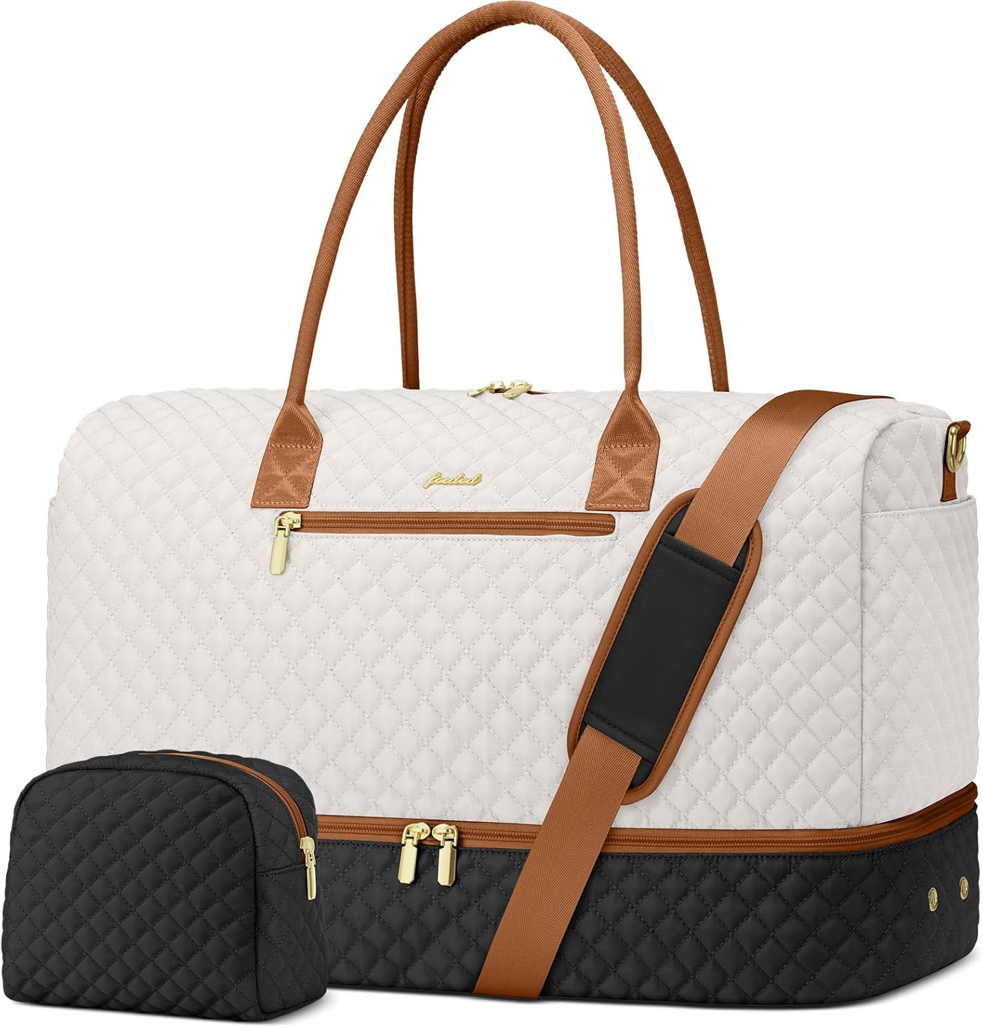 Travel Weekender Duffle Bags for Women - Duffel Bag with Shoe Compartment Carry On Overnight Bag with Toiletry Bag with Wet Pocket for Gym Hospital Bags for Labor and Delivery Black White Brown