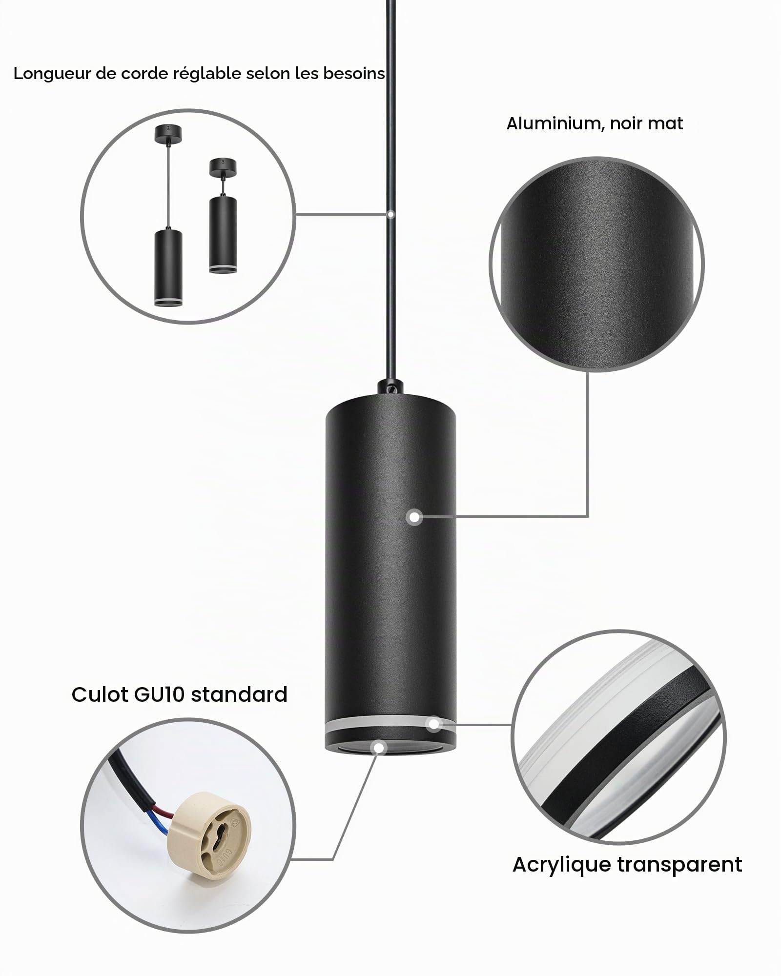 Suspension Luminaire Noir 15cm, Lustre LED Cylindre Simple Moderne, Câble Réglable, Luminaire Plafonnier avec Douille GU10 pour Cuisine Salon Chambre Restaurant Bar (sans ampoule), 2 Pack