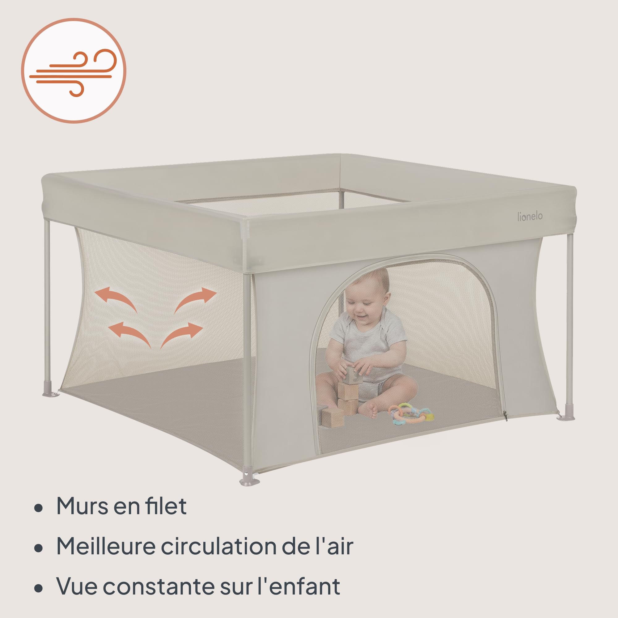 Lionelo Paco Parc Bébé Pliable 111 x 111 cm (0-48 Mois), Léger 4,1 kg | Pliage Rapide sans Outils, Entrée Latérale Zippée, Filets Respirants, Format Compact, Sac de Transport Inclus, jusqu'à 15 kg