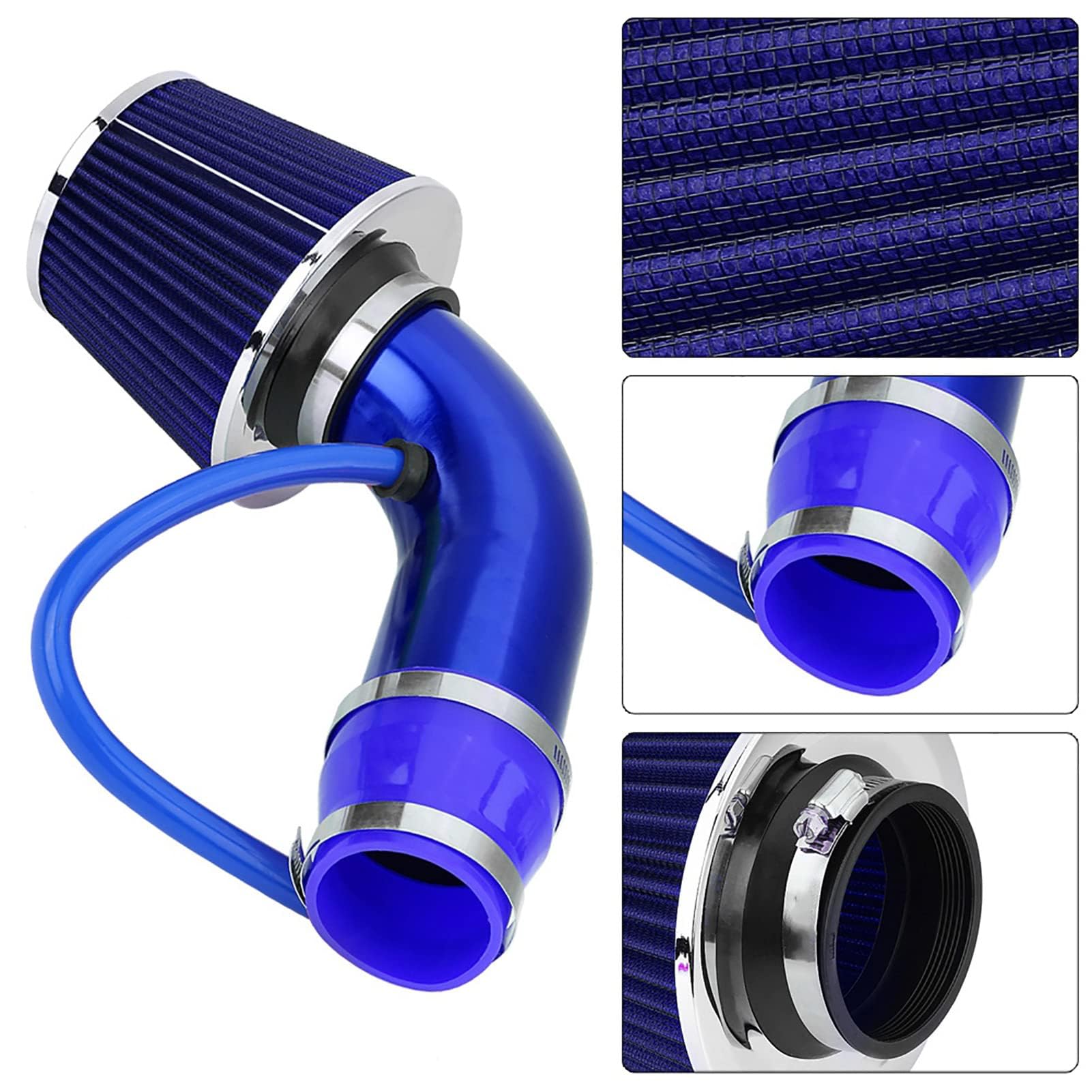 Universal Sportowy Filtr Powietrza, 76 mm, Zestaw Filtrów Wlotu Powietrza, Zestaw Filtrów Ssących Zimnego Powietrza z Wężem Aluminiowym, Niebieski
