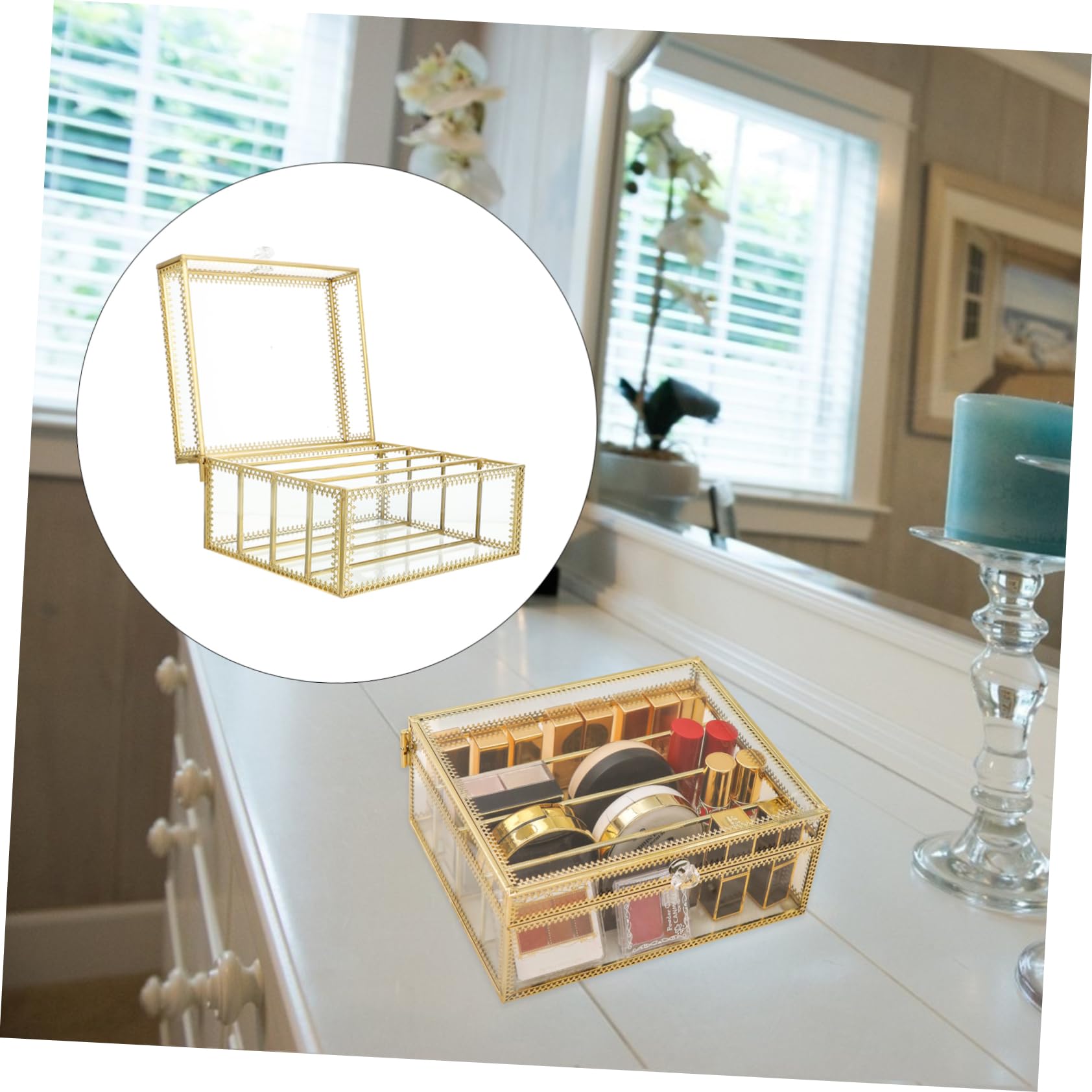 Alliage Boîte de Rangement Maquillage et Verre Couvercle