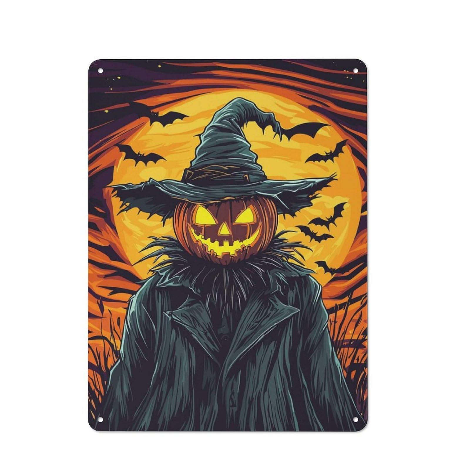 Junmoney Halloween Pumpkin Scarecrow With Bats Metal Sign 40X30cm With For Pub Or Café, Retro Decor, For Cooler-Month Interiors With Retro Character