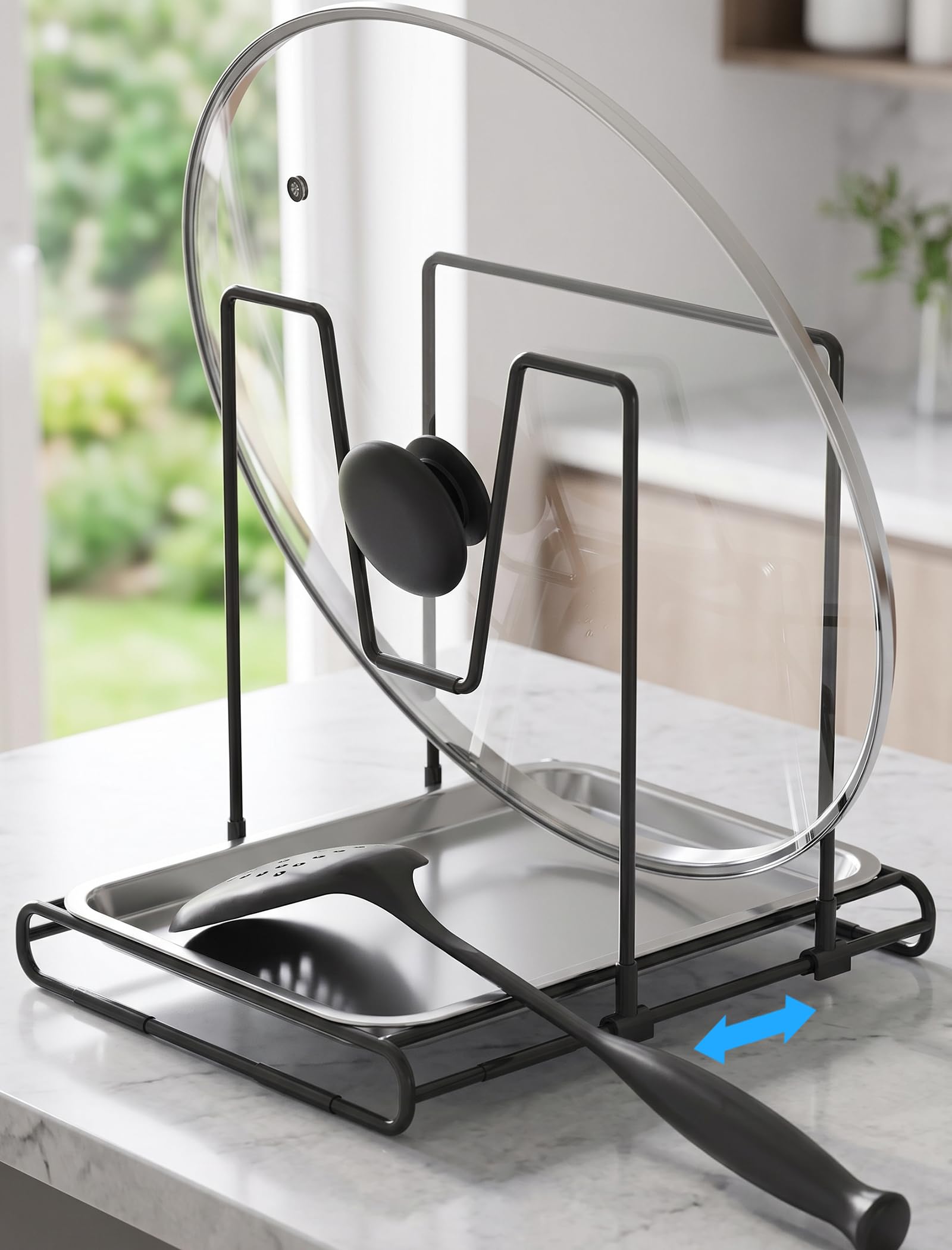 NiHome Spoon Rest with Lid Holder for Stove Top, Pot Lid Holder While Cooking, Metal Wire Stand with Anti‑Slip Silicone Covers &amp; Removable Stainless Steel Drip Tray (14×19cm), Kitchen Utensil Holder