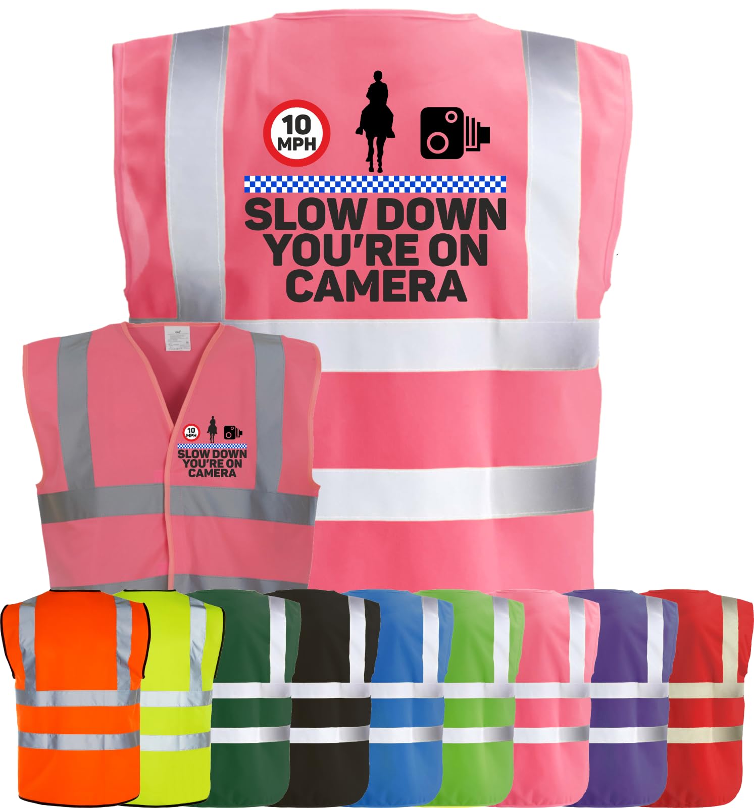 Corporate Togs Equine Hi Vis Waistcoat Vest - SLOW DOWN YOU’RE ON CAMERA Print, Safety Apparel, EN IS0 20471 Class 2 Compliant | Hi Vis Vests for Adults