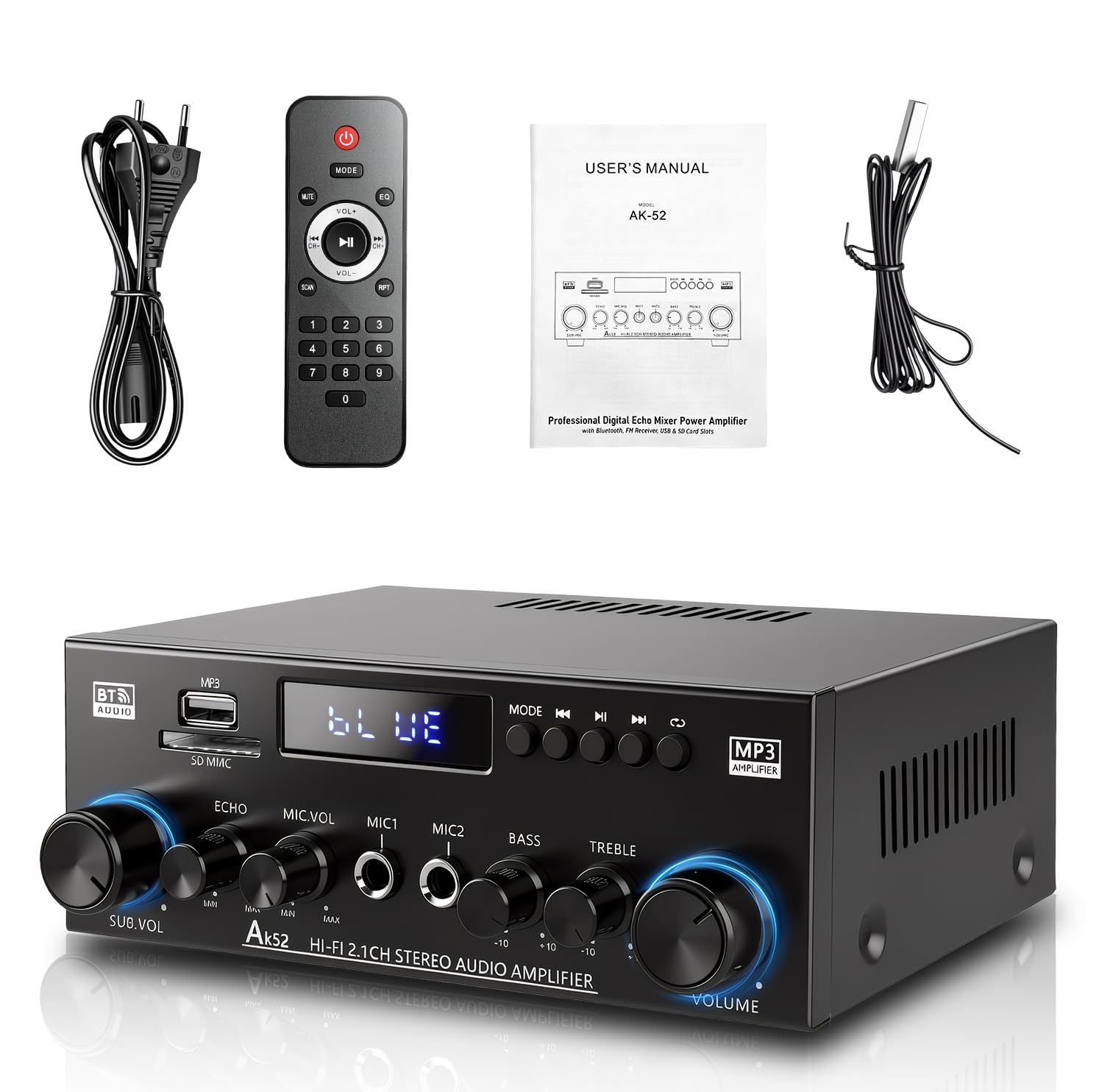 Amplificateur 1000 W, 2.1 canaux, Bluetooth 5.3 avec subwoofer