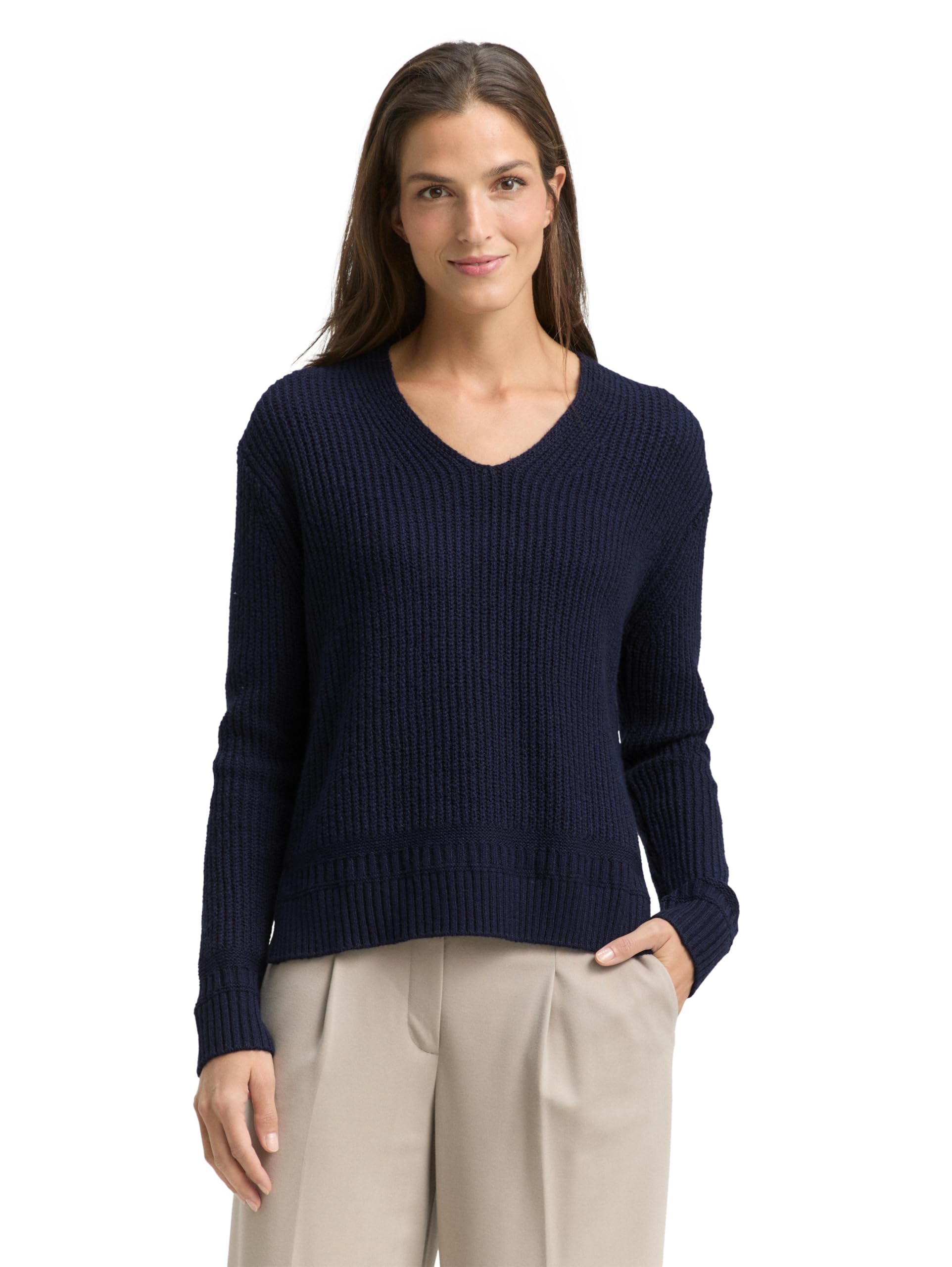 Tom Tailor Damen 1047674 RIPP Strickpullover mit V-Ausschnitt