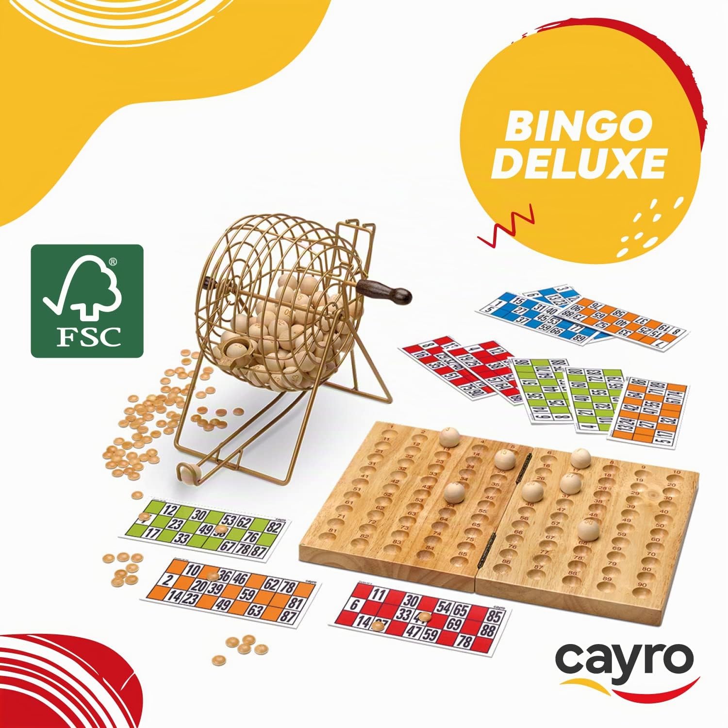 Cayro - Bingo - + 6 Anni - Modello Deluxe - Gioco da Tavolo - per Bambini e Adulti - Tavola Pieghevole e Palline di Legno - Grancassa Metallica - da 2 a 8 Giocatori