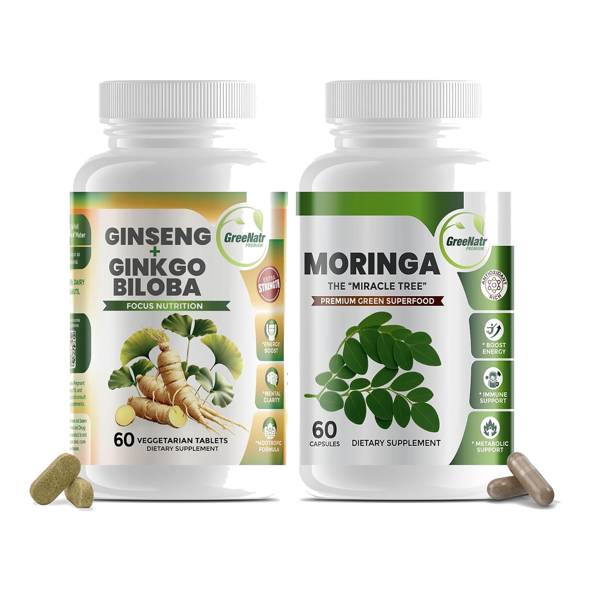 Ginkgo Biloba, Panax Ginseng Supplement and Moringa Capsules Bundle