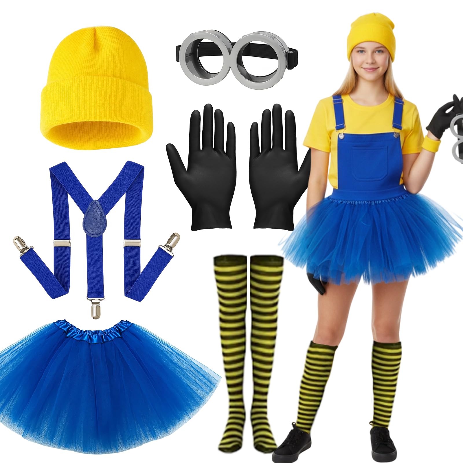 BFSYRR Yellow Costume, 6 Piece Set Fancy Dress for Carnival Halloween Parties and Cosplay Events, with Hat, Glasses, Gloves