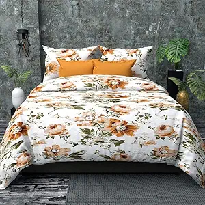 RIDHAAN 300 TC 100% Cotton Floral Print Mix N Match Bedsheet for Double Bed with 2 Pillow Cover | Cream and Yellow | Bedsheet Size - 90 * 108 inch | Pillow Size - 20 * 30 inch