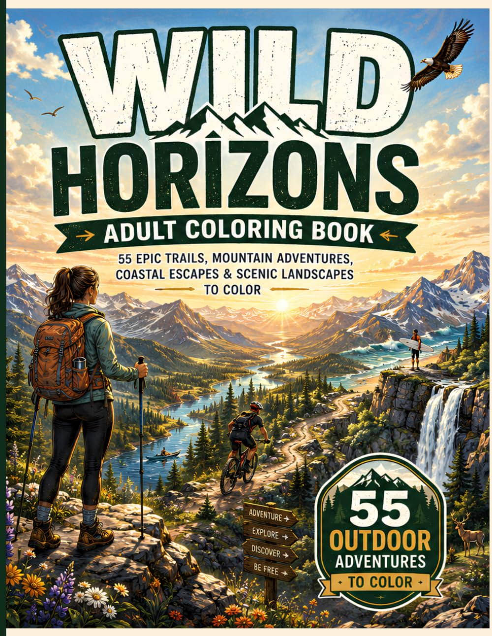 Wild Horizons: Adult Coloring Book: 55 Epic Trails, Mountain Adventures, Coastal Escapes & Scenic Landscapes to Color