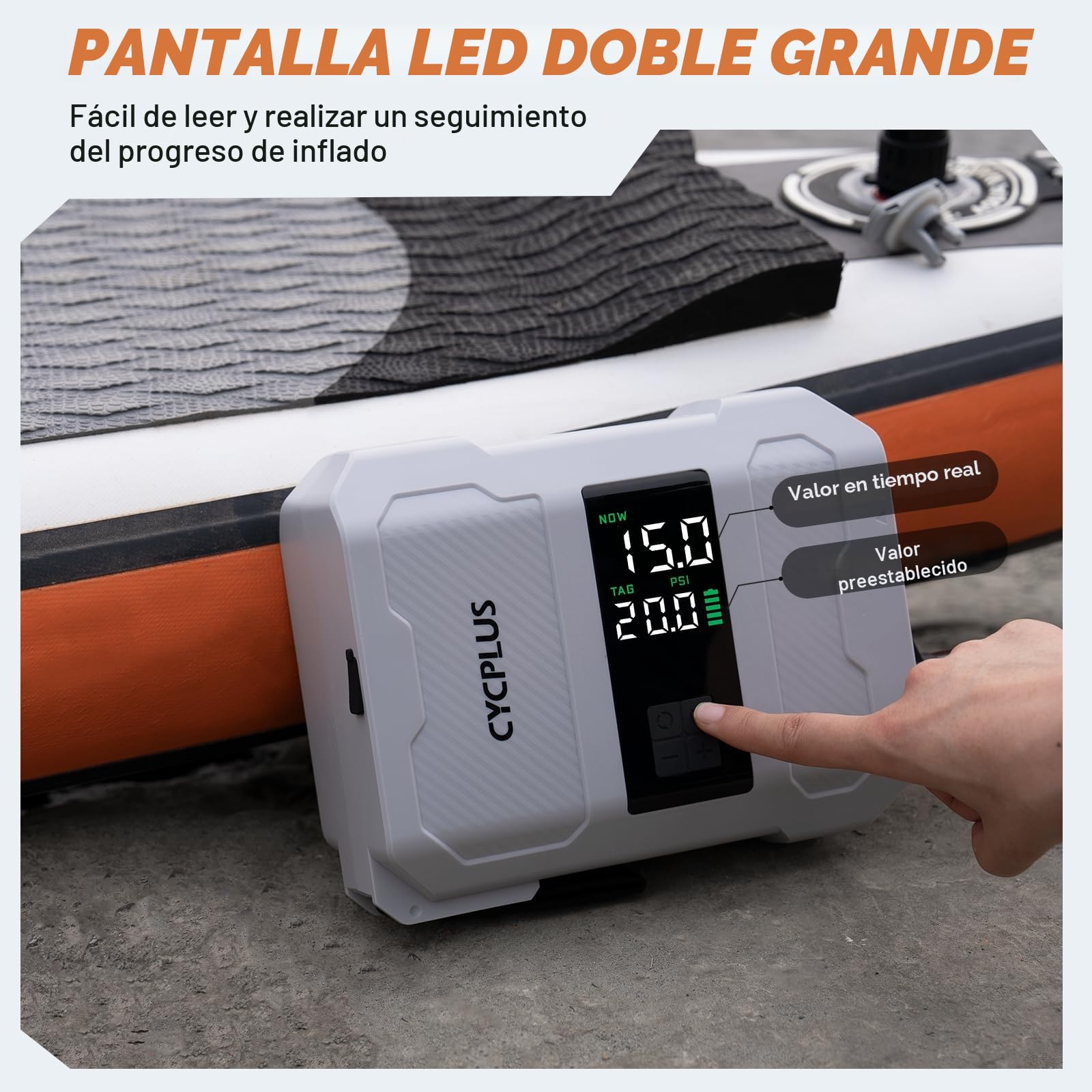 CYCPLUS Bomba de Paddle 20PSI Recargable - Inflado Inteligente de Doble Etapa, Función de Desinflado, Apagado Automático y Pantalla Dual LED, Ideal para Paddleboard, Bote Inflable y Colchón