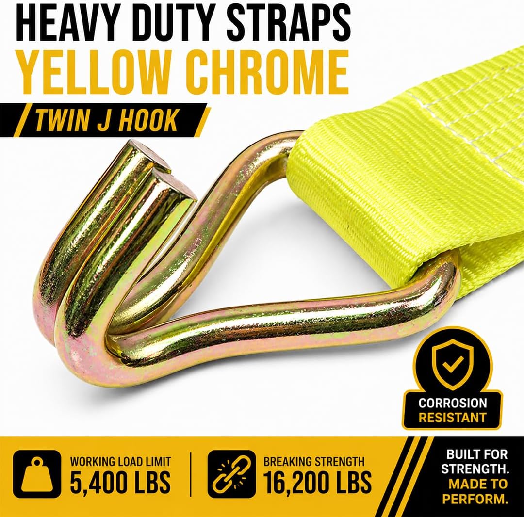 Boxer 2 Pack 4” x 30’ Ratchet Tie Down with Twin J Hooks - Heavy Duty Double-Locking - Breaking Strength 16,200 Pounds, Working Load Limit 5,400 Pounds for Flatbeds, Trailers, Trucks