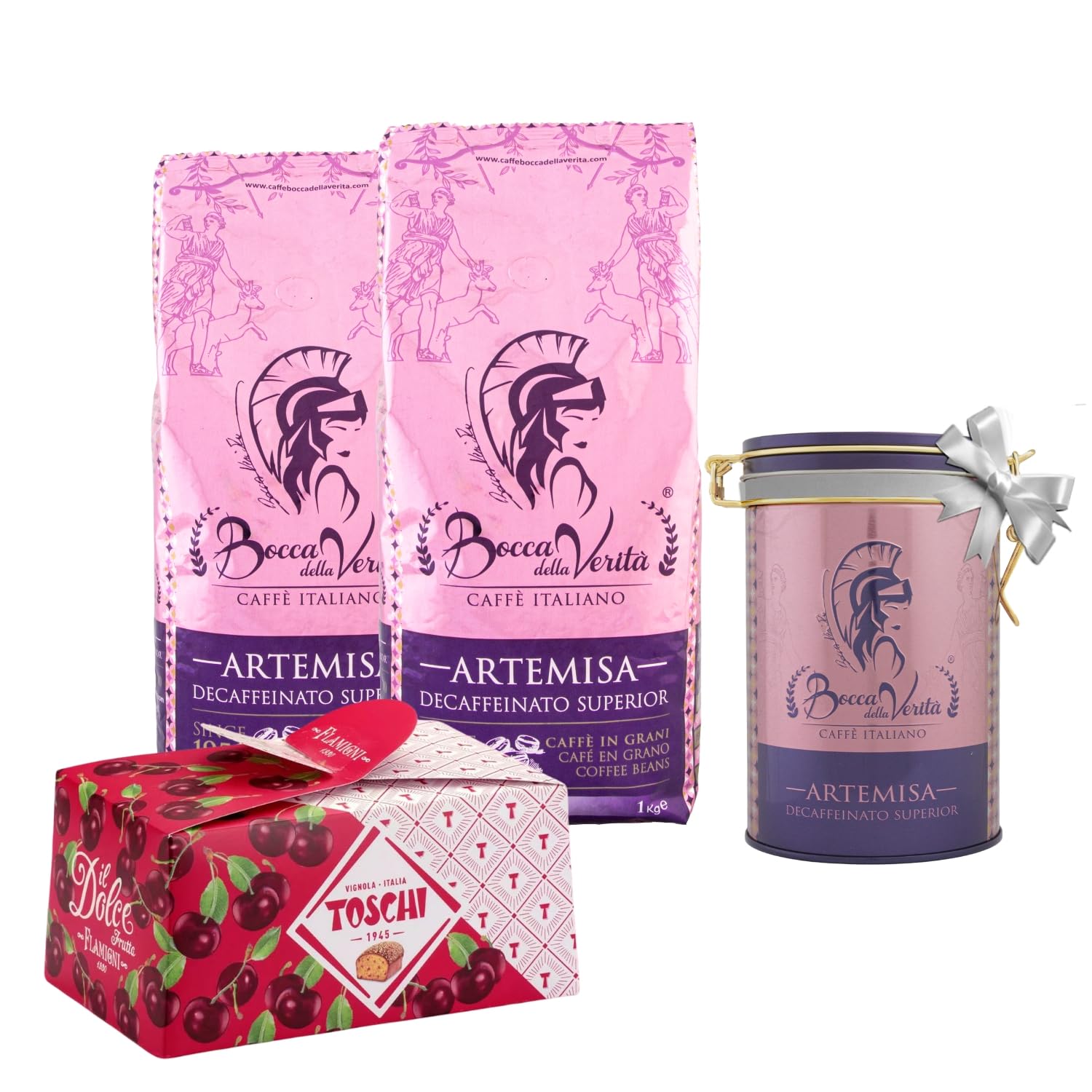 BOCCA DELLA VERITA® Set Café Descafeinado en Grano (2 paquetes de 1 kg) + Lata Regalo + Torta Flamigni – Pack Gourmet Premium