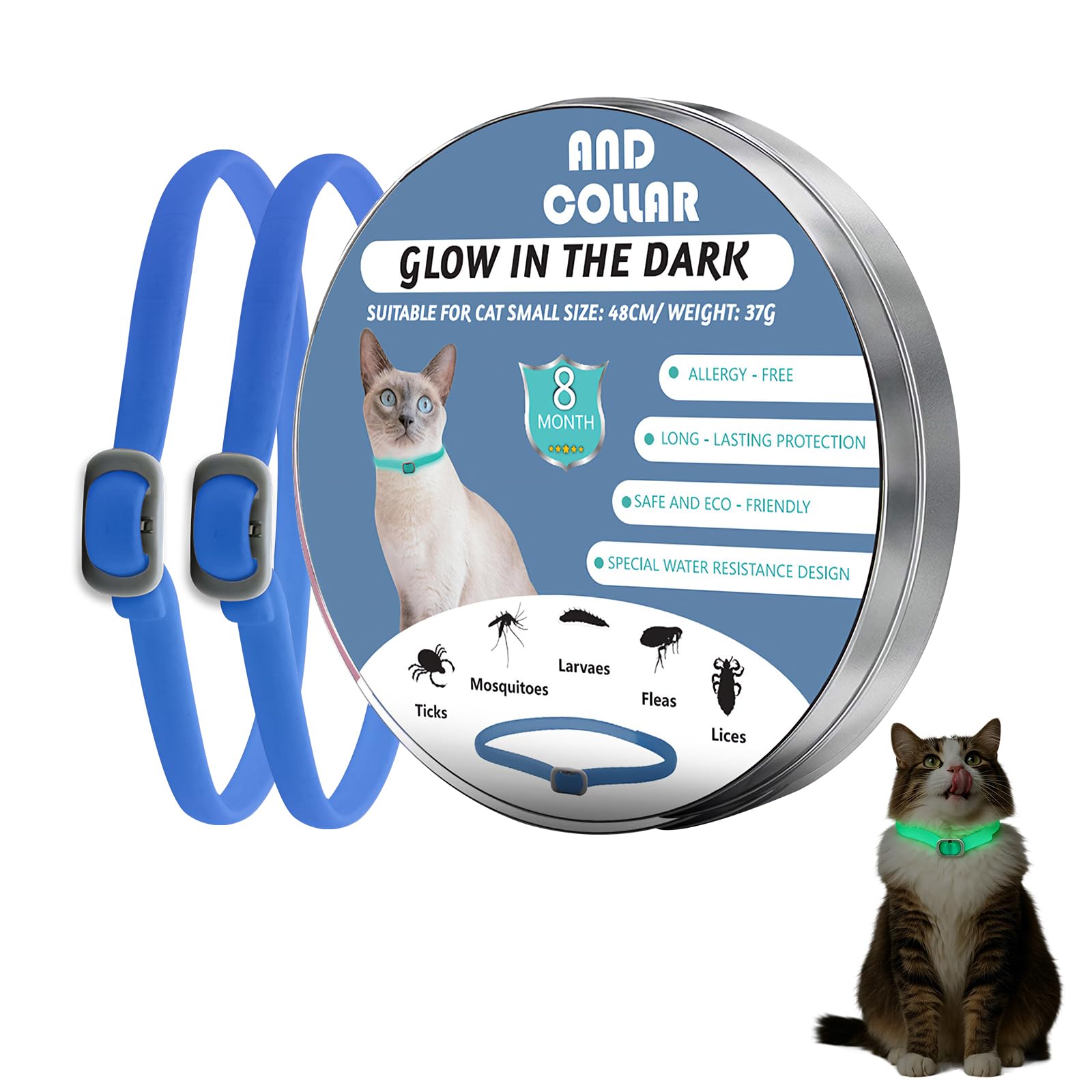 DOINEUFL 2 Pack Light Up Collar for Cats, Cat Collar to Prevent Infections, 18.9in Special Water Resistance Design Adjustable Cat Collars, Glow in the Dark, Contains Natural Essential Oils (Blue)
