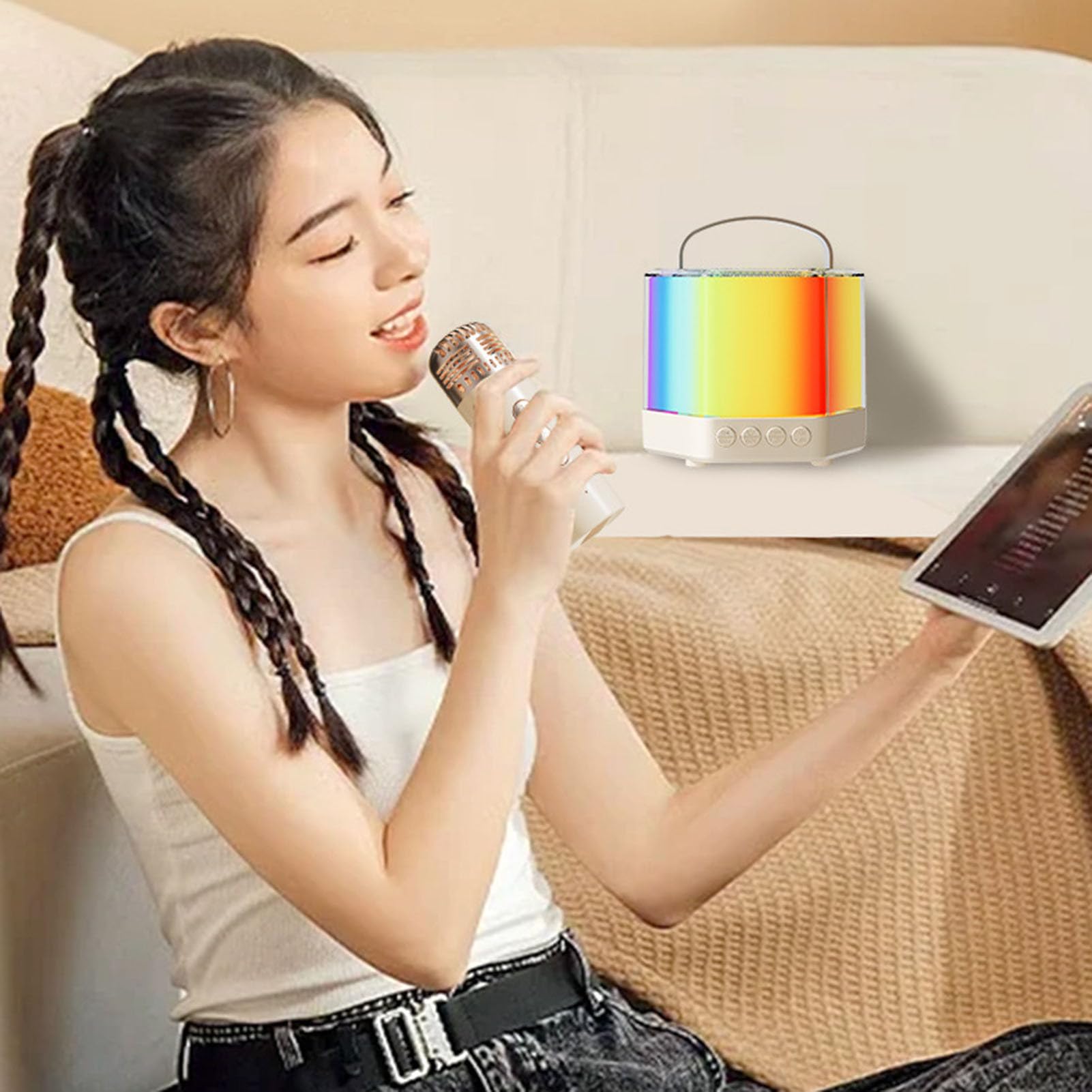 Maszyna do karaoke, zestaw mikrofonów i głośników, oświetlenie RGB 2 | bezprzewodowe mikrofony, zestaw głośników karaoke dla lepszej atmosfery imprezowej