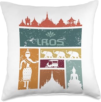 Laos Buddhist Temple - Lao Tuktuk Elephant Retro Style Throw Pillow