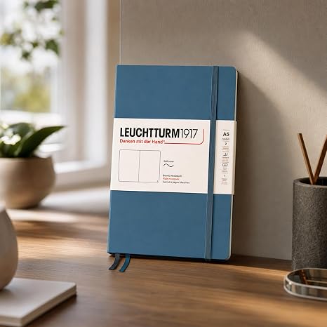 LEUCHTTURM1917 - Notebook Softcover Medium A5-123 Numbered Pages for Writing and Journaling (Stone Blue, Plain)